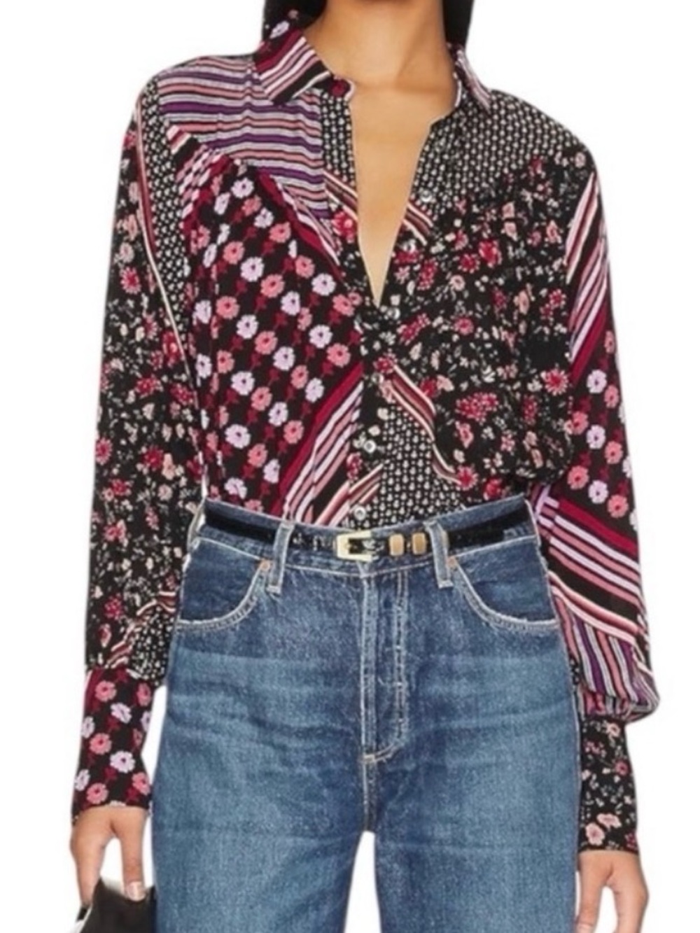 #841 FREE PEOPLE Hazel Black, Red Mixed Floral & Stripe Button-Down Blouse